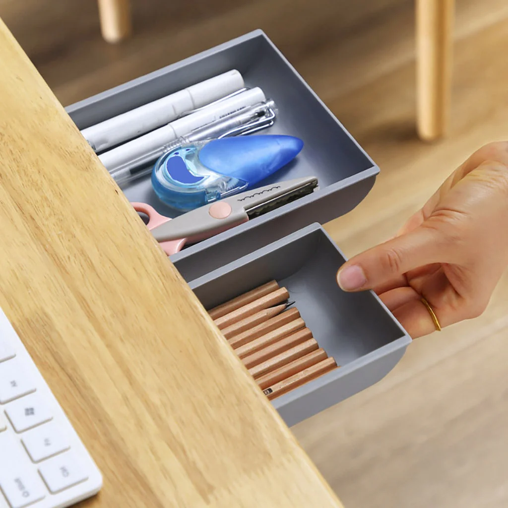 HULIANFU Self Stick Pencil Tray Desk Table Storage Drawer Organizer Box Under Desk Stand Self-adhesive under-drawer storage box - Deanwangkt
