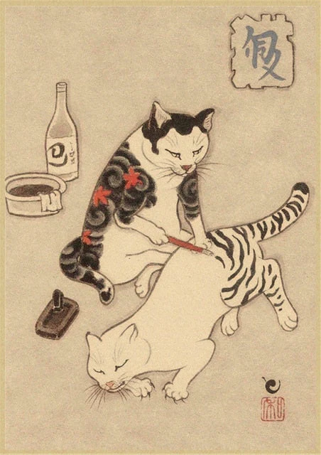 HULIANFU Japanese samurai cat tattoo cat vintage poster wall art sticker painting living room decoration bedroom print picture - Deanwangkt