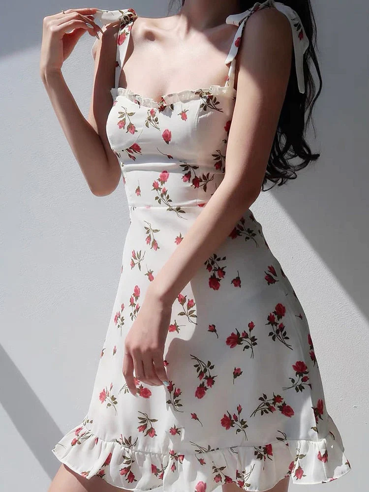 Hulianfu Y2K Floral Sexy Slip Dress Women's Summer Bandage Sleeveless Slim Flounce Resort Mini Dresses Elegant Office Lady Party - Deanwangkt