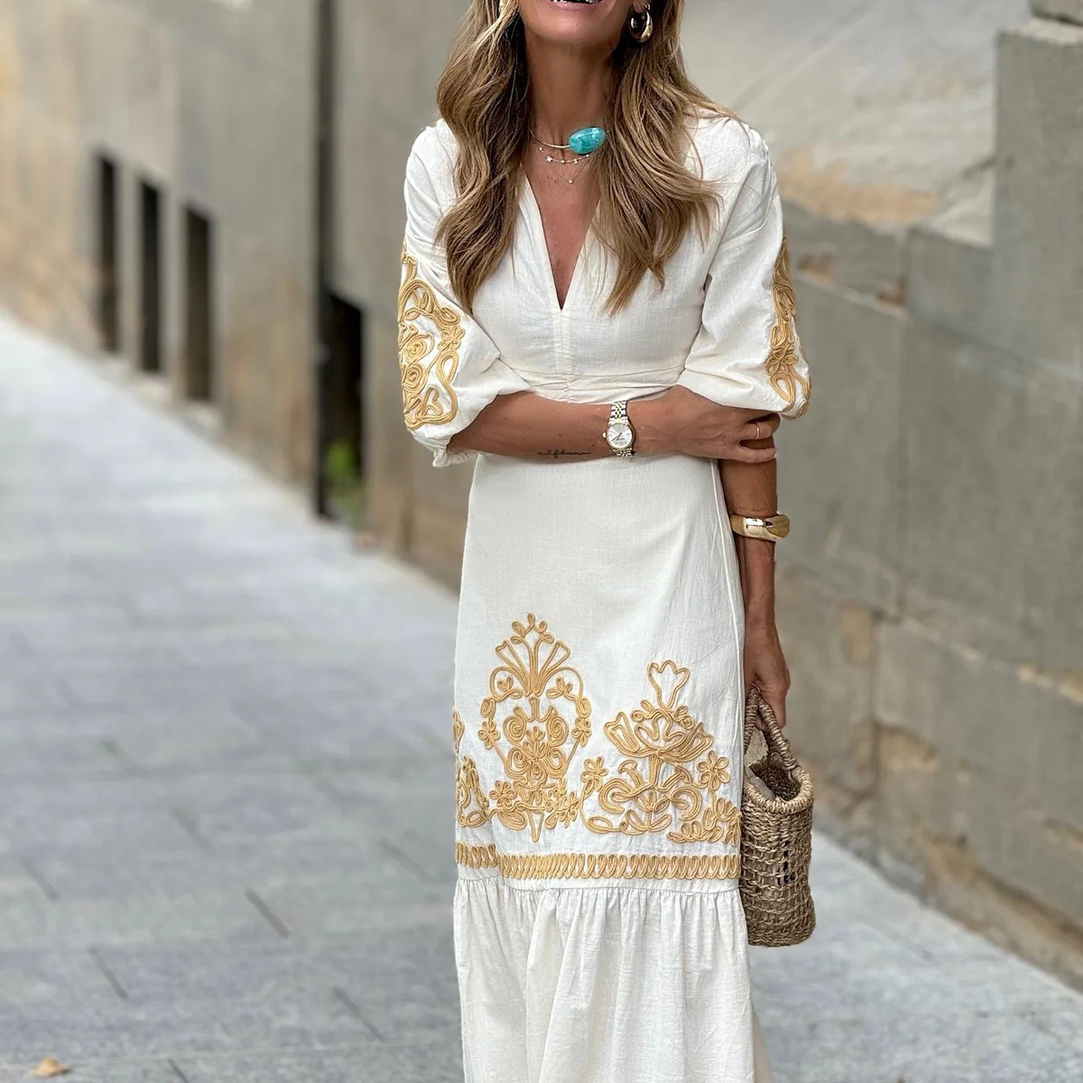Unique Ivory V-Neck Embroidery Two Piece Maxi Dress