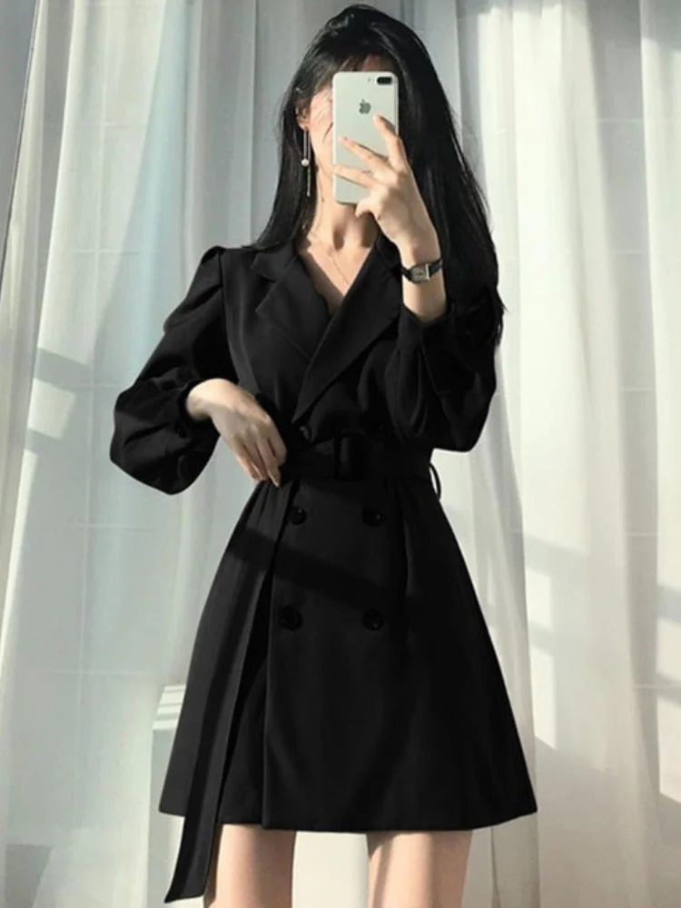 Hulianfu Vintage Notched Black Long Sleeve Jacket Slim Blazer Mini Dresses for Women Korean Fashion Sexy Casual Bodycon Dress Autumn - Deanwangkt