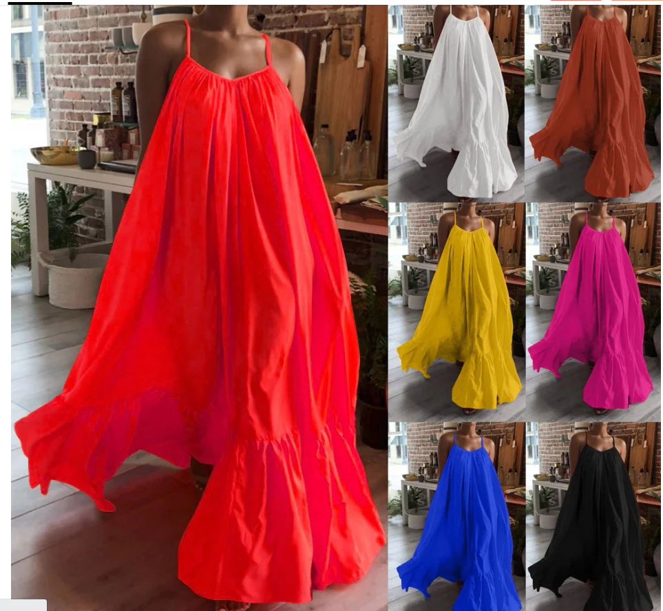 hulianfu Women Camisole Oversized Fashion Casual Solid Maxi Dresses Strap Dress Pocket Loose Backless Big Swing Solid Floor-length Robe - Deanwangkt