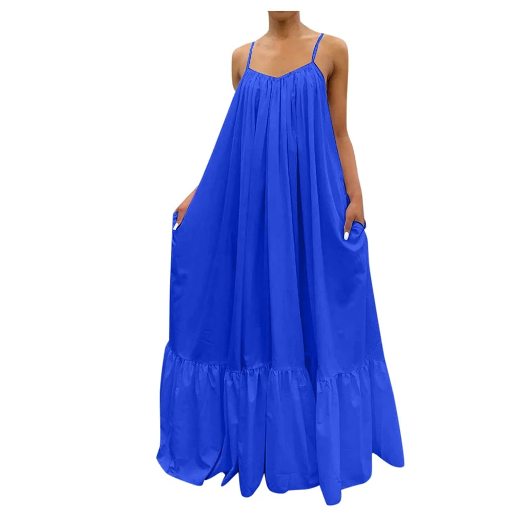hulianfu Women Camisole Oversized Fashion Casual Solid Maxi Dresses Strap Dress Pocket Loose Backless Big Swing Solid Floor-length Robe - Deanwangkt