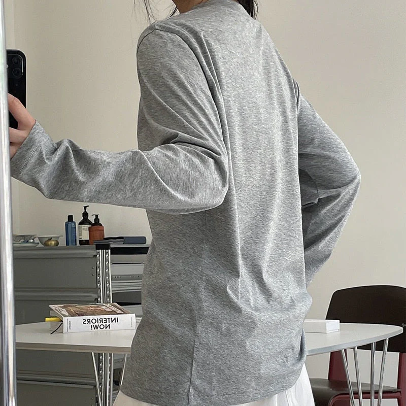 Hulianfu Summer Women's Casual Solid Color Round Neck Long Sleeve Loose T-Shirt - Deanwangkt