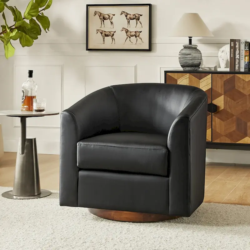 Haley Modern Swivel Barrel Faux Leather Chair with Solid Wood Base by