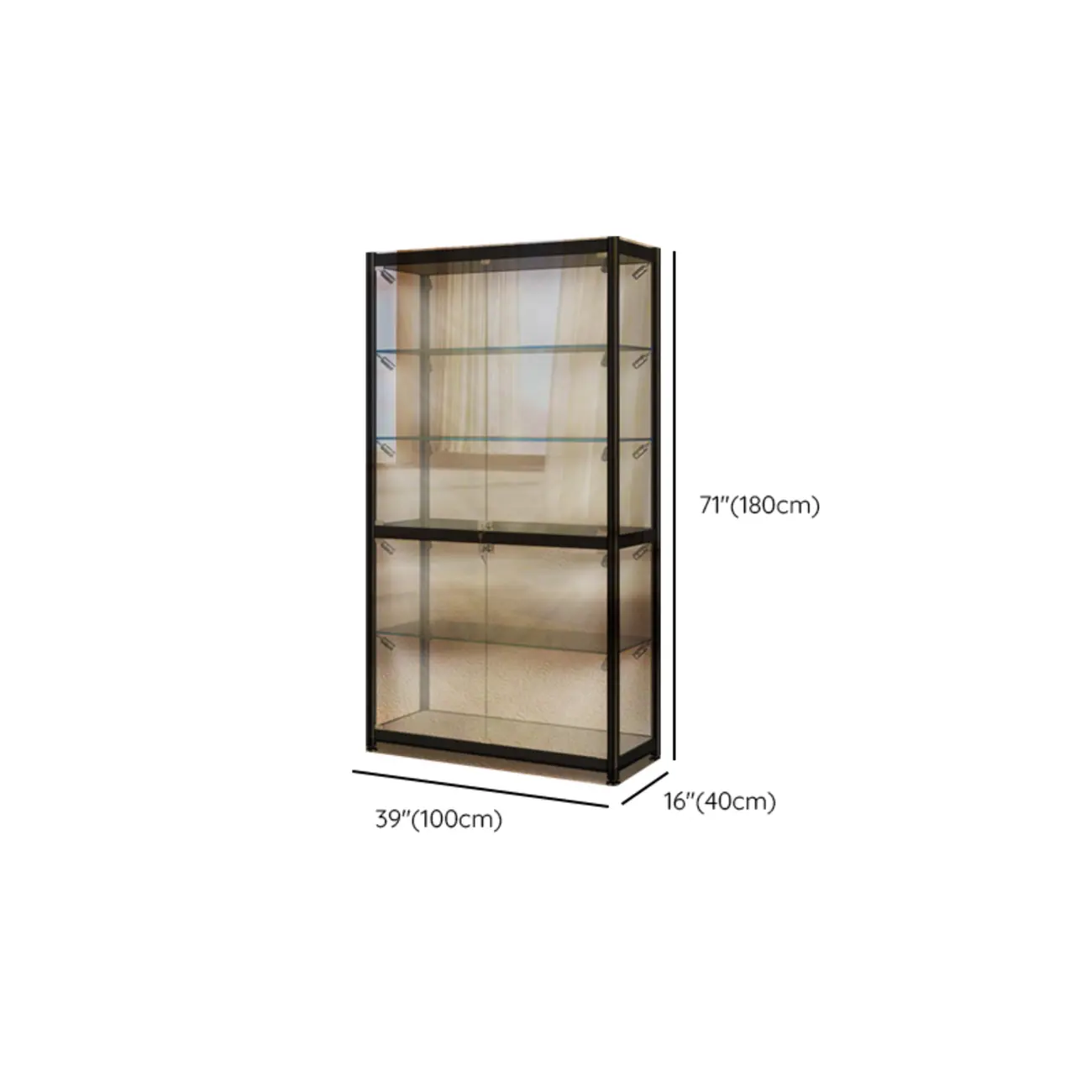 Modern Black Clear Glass LED Adjustable Display Cabinet