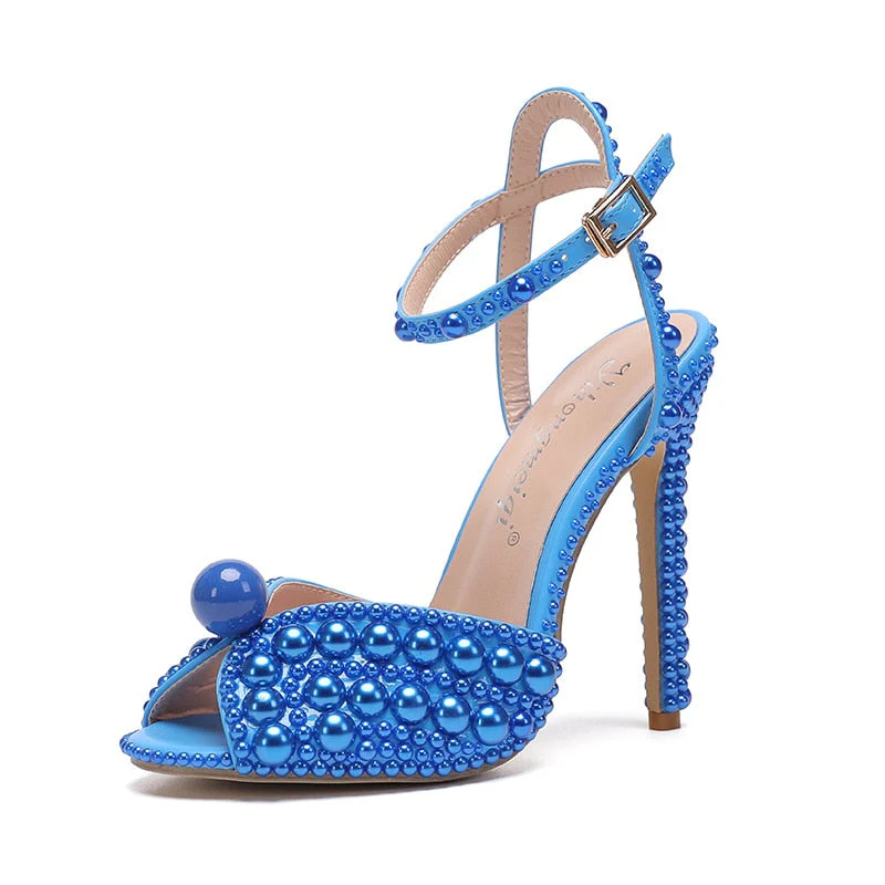 Women Sandals Fashion High Quality Wedding Shoes Women New Pearls Studs Luxury Peep Toe High Heels Buckle Woman Sandal 43 - Deanwangkt
