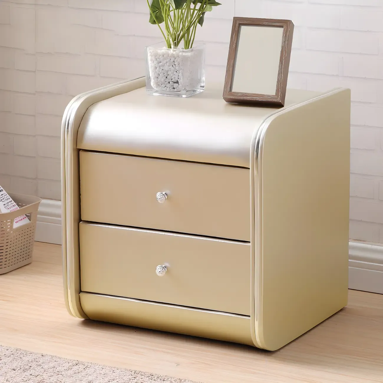 Stylish Narrow Faux Leather Bedside Table with 2 Drawers