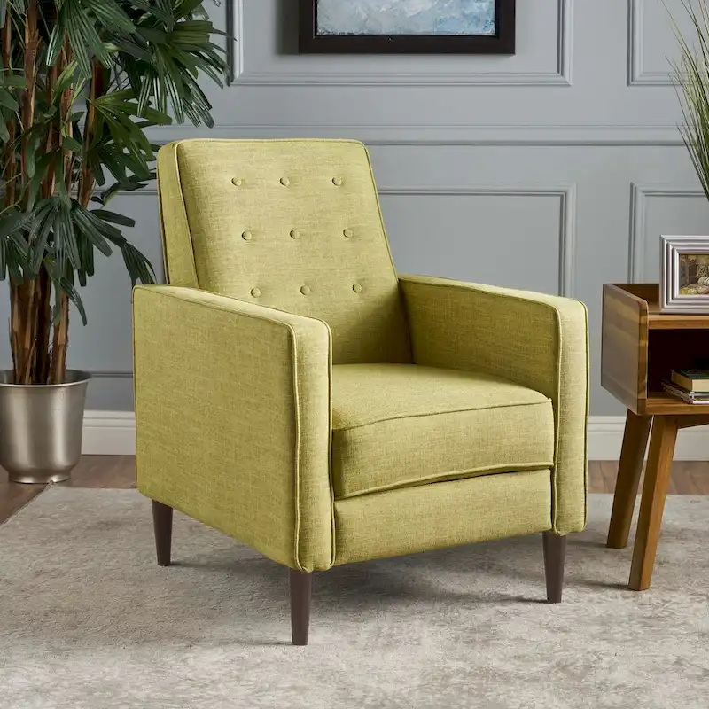 Green Fabric Mid-Century Upholstered Push Back Recliner with Footrest, Button-tufted Backrest, Beech Wood Legs