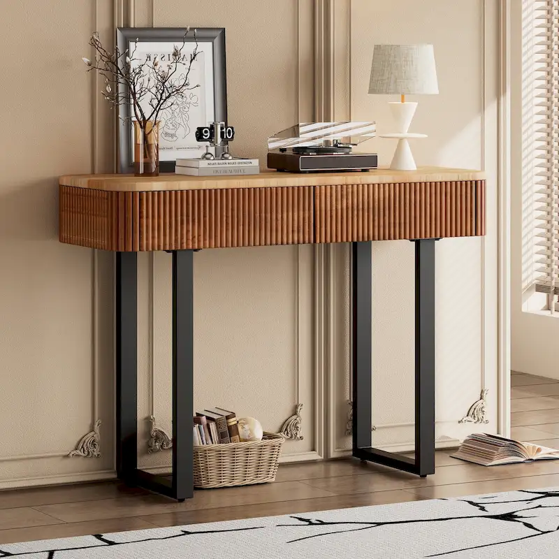 Modern Solid Wood Entryway Console Table with Fluted Design & Storage