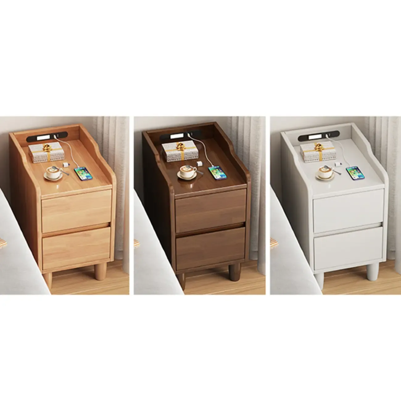 Brown Wood USB-Charging Drawers Nightstand with Lighting
