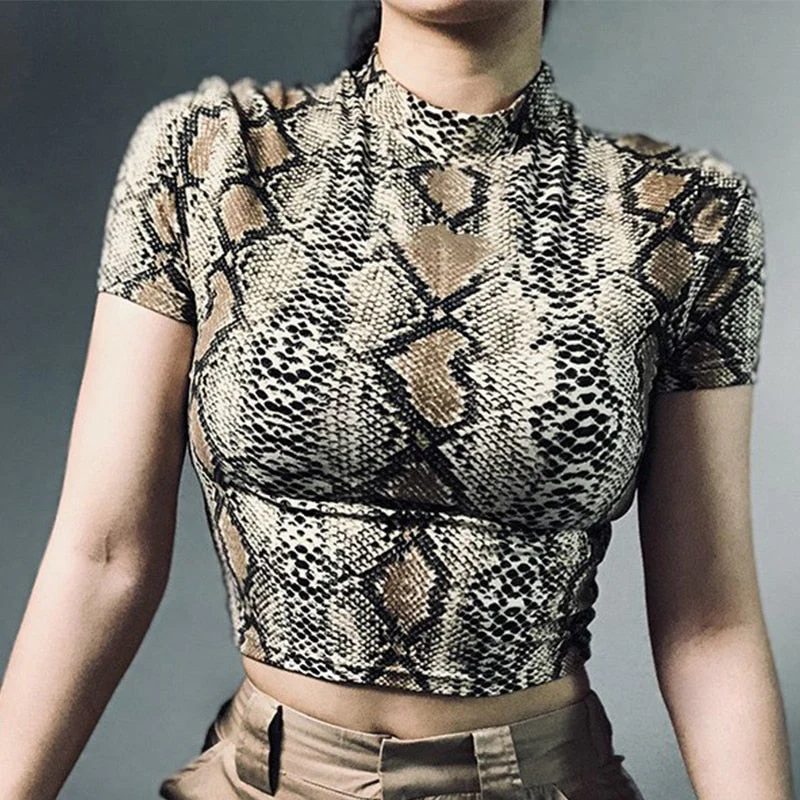 Hulianfu Sexy Crop Top Women Snake Print Tank Top Slim Primer High Collar Vest Harajuku Crop Tank Top T Shirt Femme Girls Camis Tops - Deanwangkt