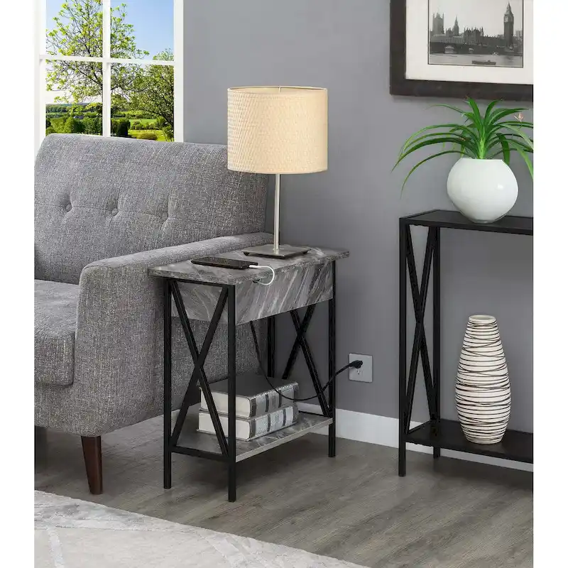 Tucson Flip Top End Table with Charging Station and Shelf