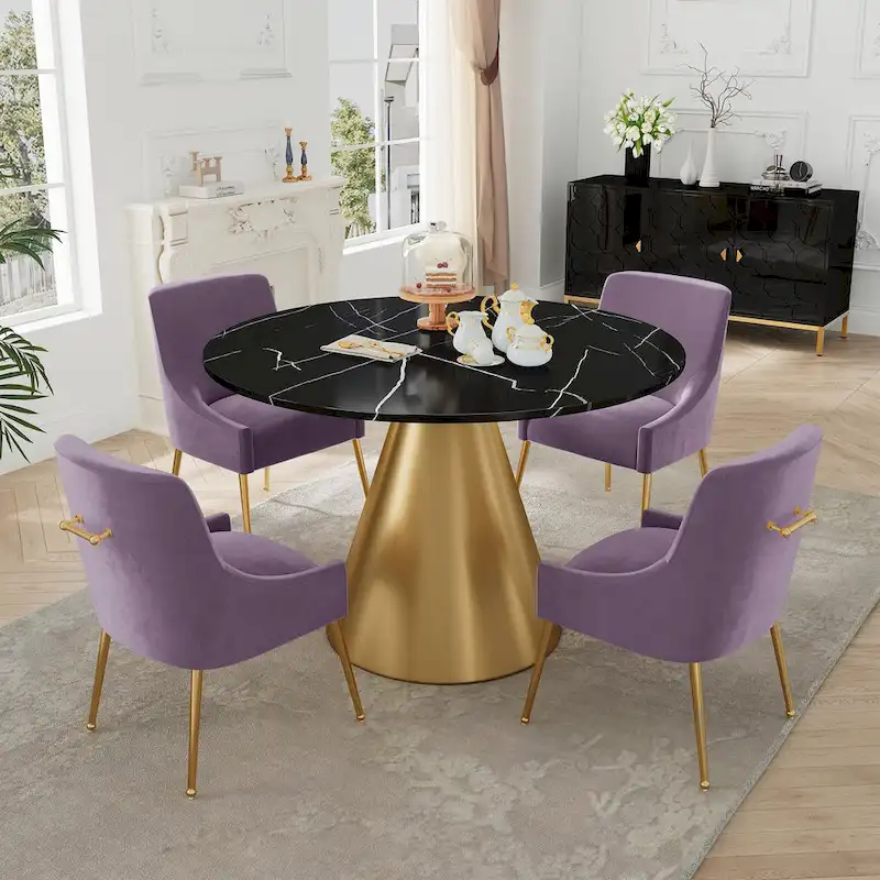 Clihome 5 Piece Black Marble Top Table with Velvet Dining Chair Set