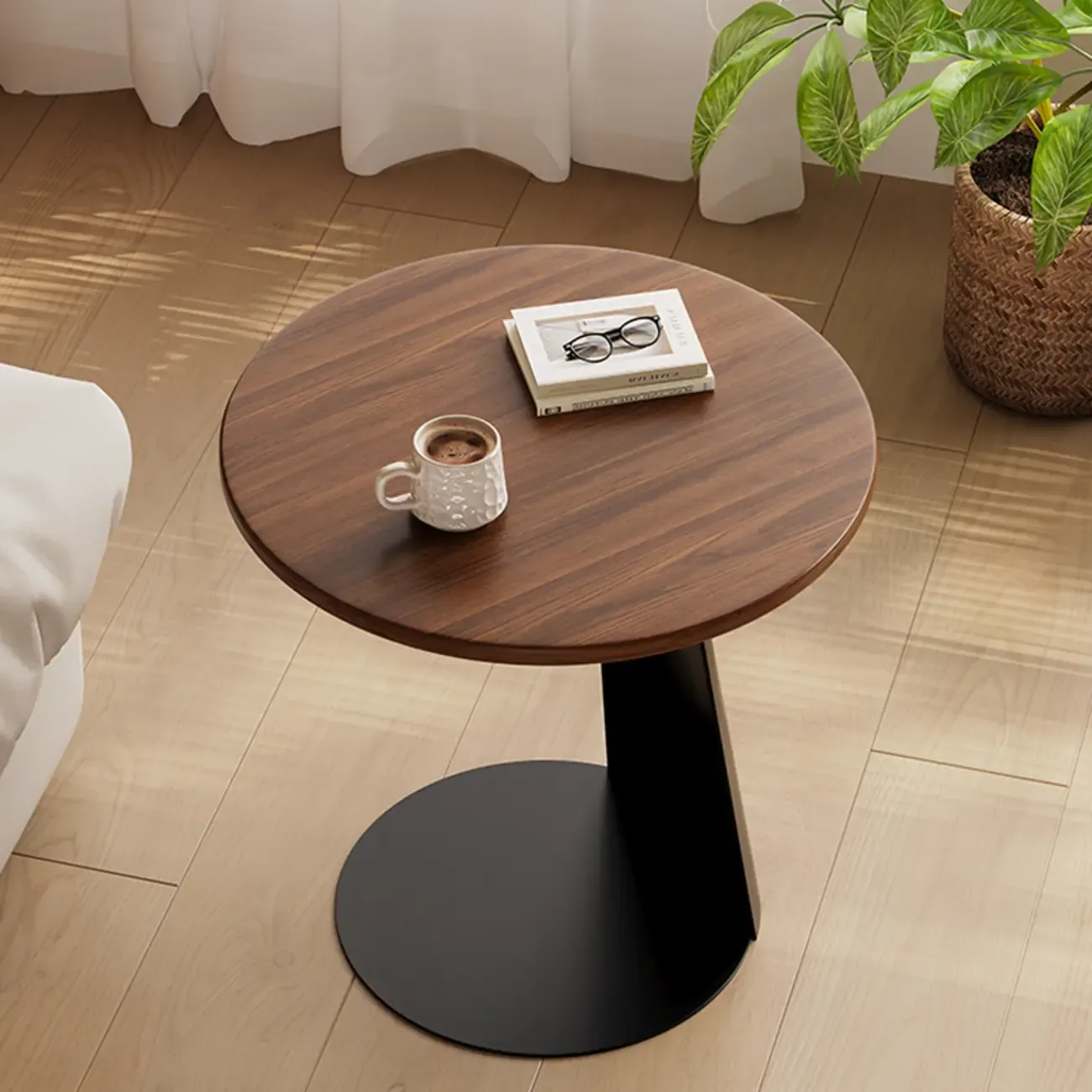 Modern Brown Ash Wood Round Chairside C Shaped Table