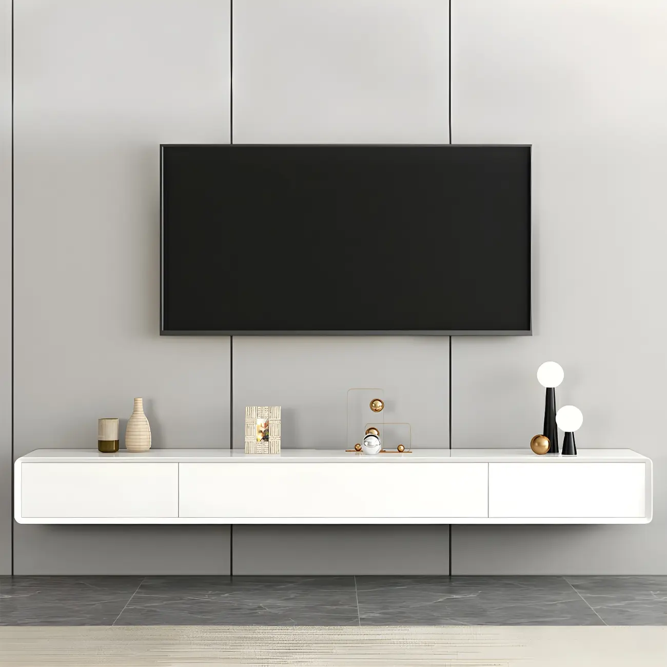 White Floating Mount Wood Drawers Cabinet TV Stand