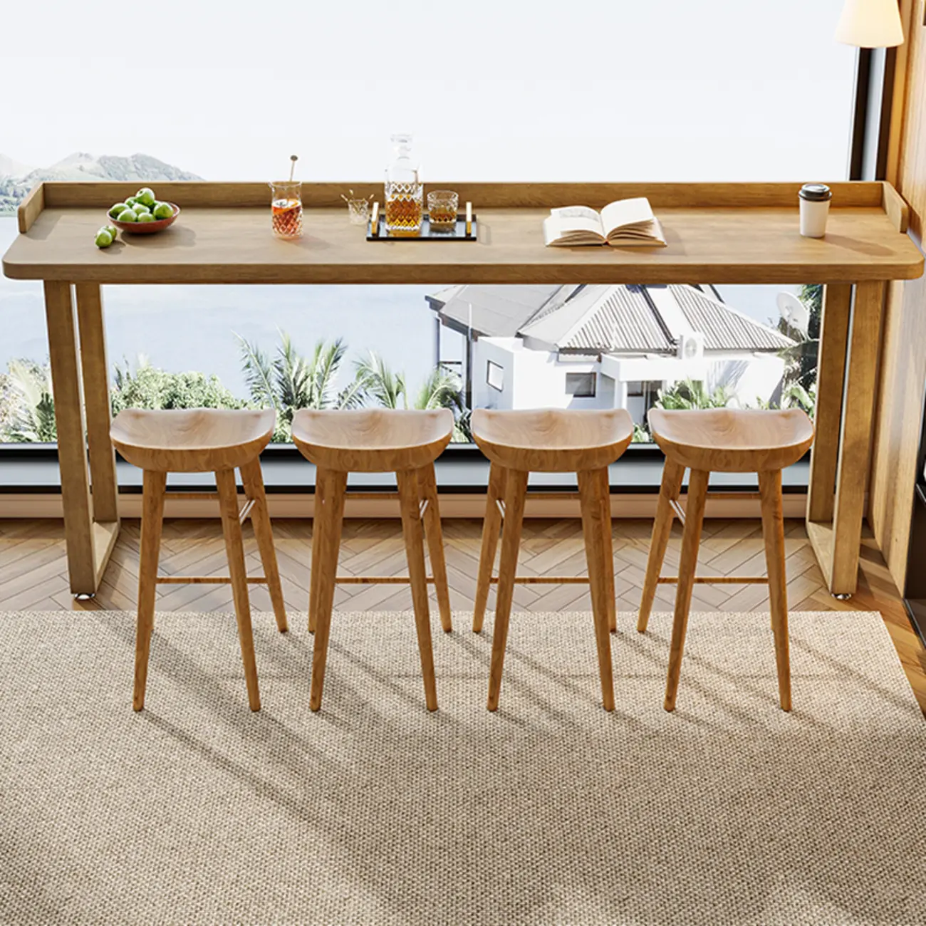 Natural Wood Rectangle Counter Height Bar Table with Rim