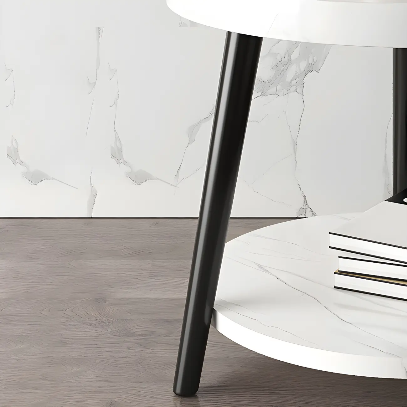 Natural Espresso Wood Small Round End Side Table with Tray Top & Shelf