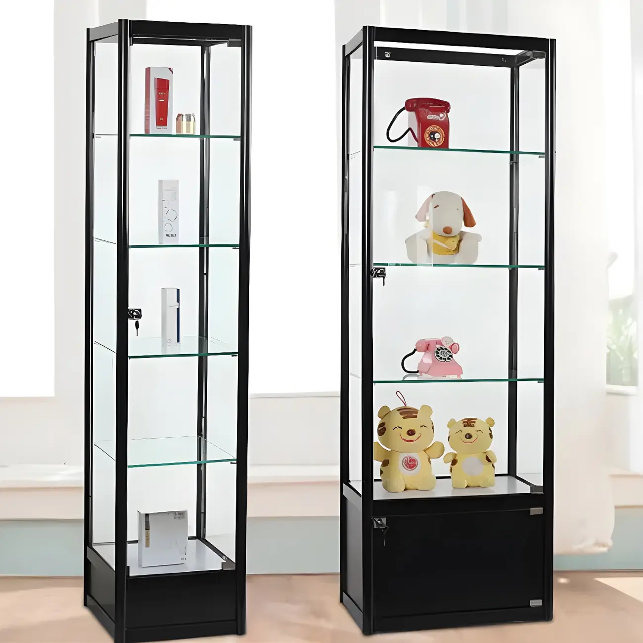 Rectangular Black Clear Glass Metal Frame Curio Cabinet