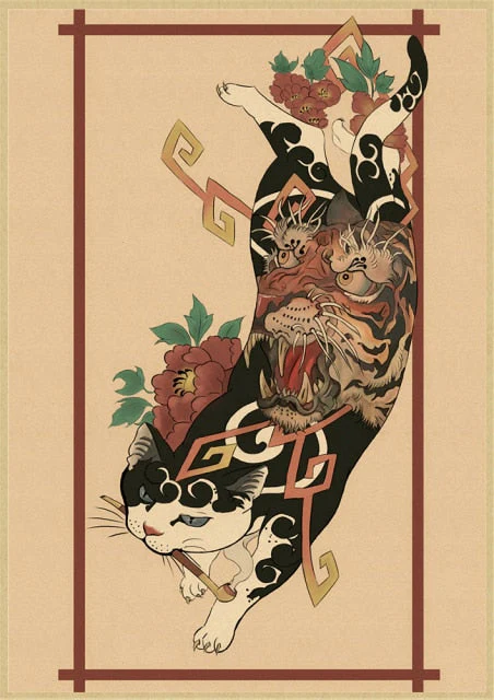 HULIANFU Japanese samurai cat tattoo cat vintage poster wall art sticker painting living room decoration bedroom print picture - Deanwangkt