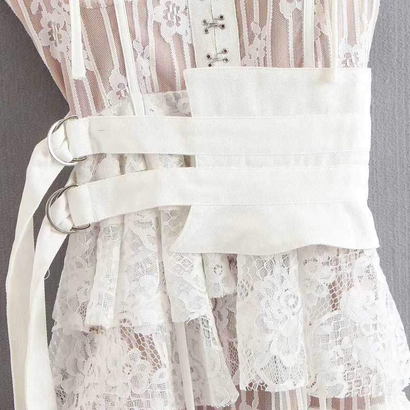 Lace High-low Sexy Summer Dress White Straps Belt Tied Women Dress D-ring Holiday Chic Ladies Party Dresses - Deanwangkt
