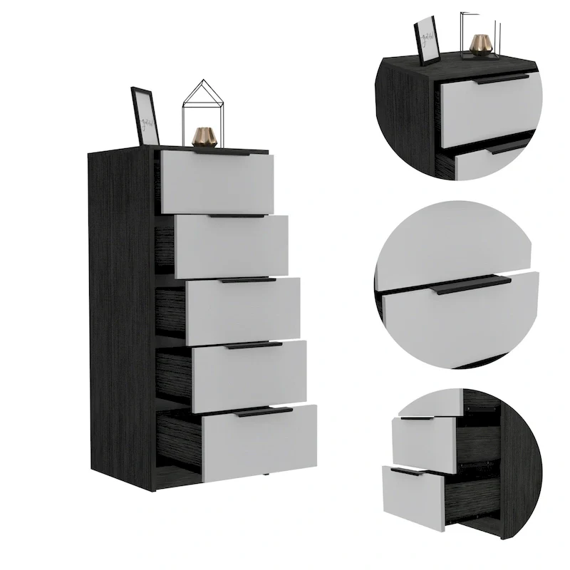 Wood Modern 5 Drawer Dresser Chest with Metal Glides and Handles