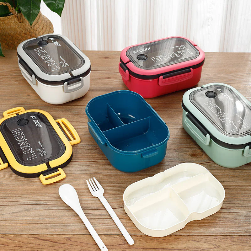 HULIANFU Lunch Box 2 Layers Grids Student Office Worker Microwave Hermetic Bento Box Outdoor Picnic Fruit Food Container with Fork Spoon - Deanwangkt