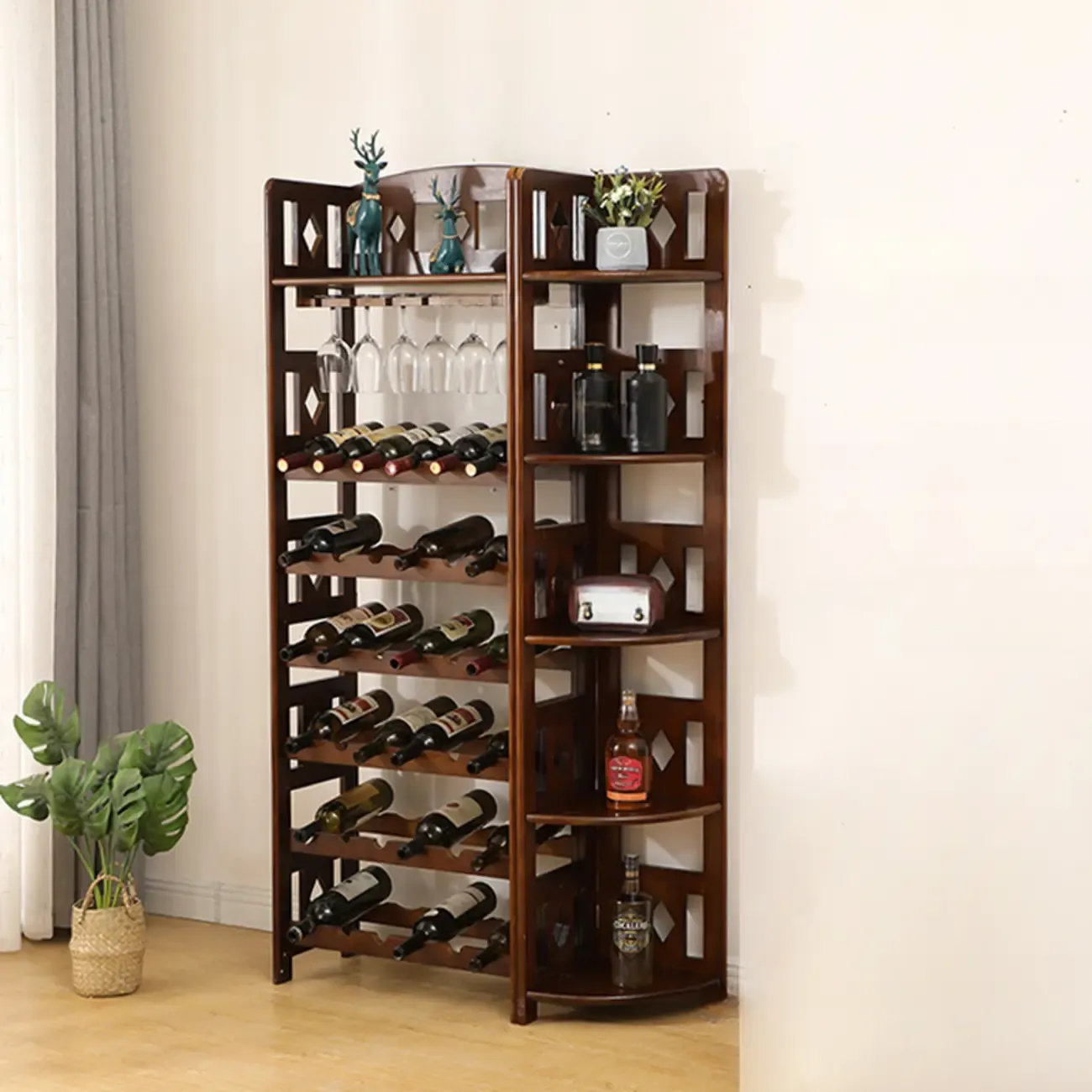 Free Standing Pine Wood Wine Racks with Bar Glass Holder Shelf