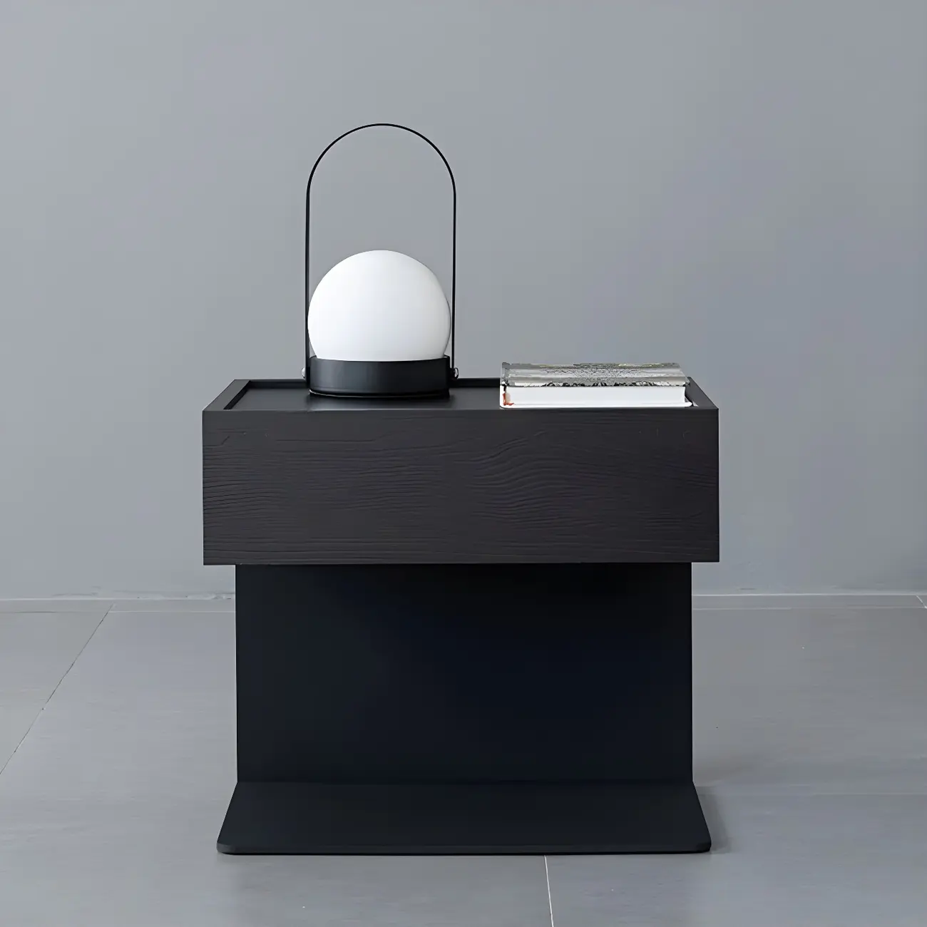 Black Steel Wood C-Shaped Drawer Nightstand with Light