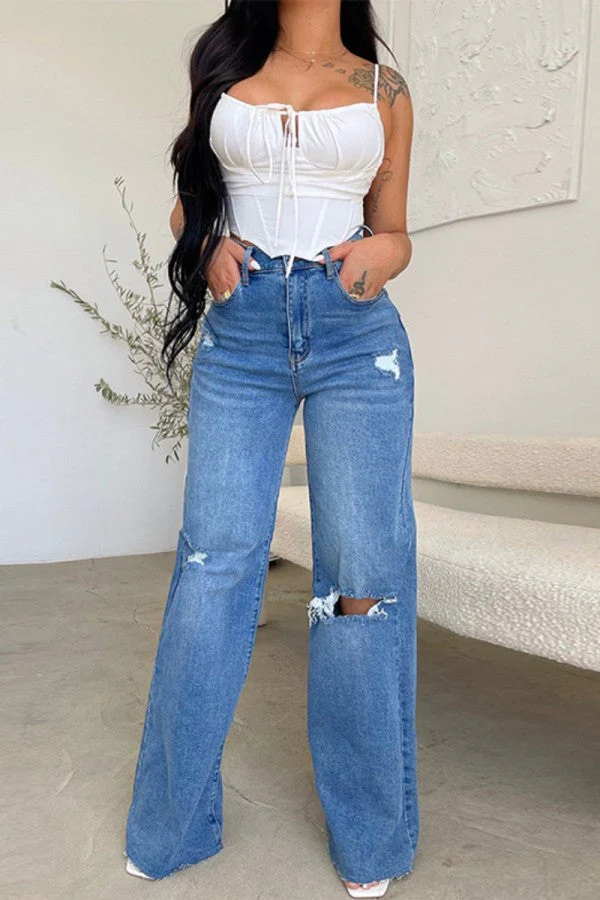 hulianfu - The cowboy blue Casual Solid Ripped Patchwork High Waist Regular Denim Jeans - Deanwangkt
