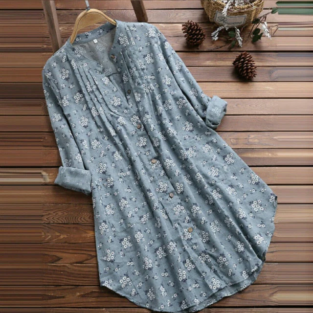 Plus Size Floral Print Blouse Women Summer V Neck Beach Dress Blouses Loose Swim Cover-up Tops Tunic Blouses Shirts Female Tees - Deanwangkt