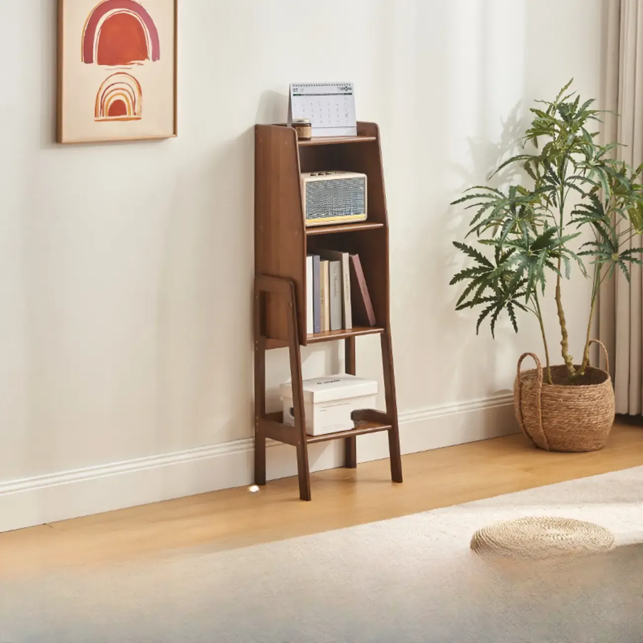 Scandinavian Narrow Brown Wood Multi-Tier Ladder Bookcase