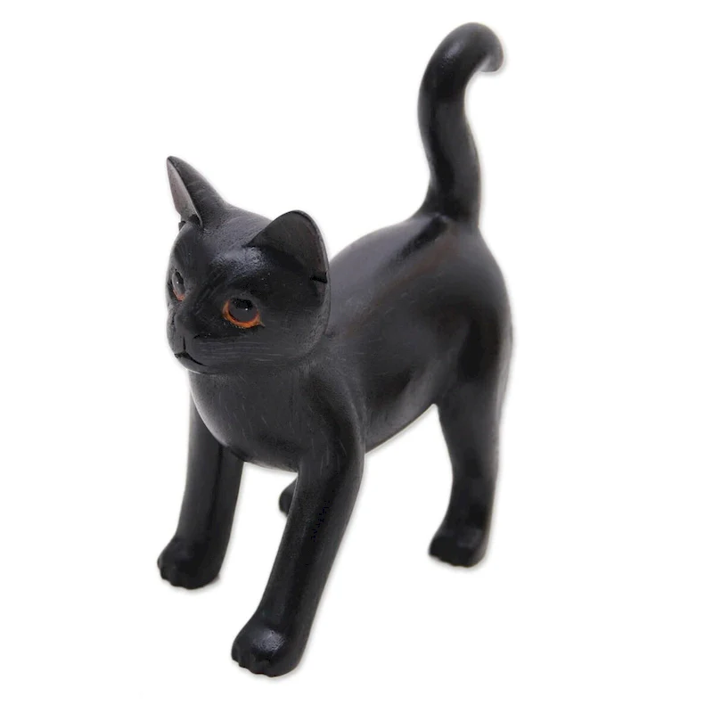 Handmade Curious Kitten In Black Wood Sculpture (Indonesia) - 7.25  H x 6.25  W x 3  D