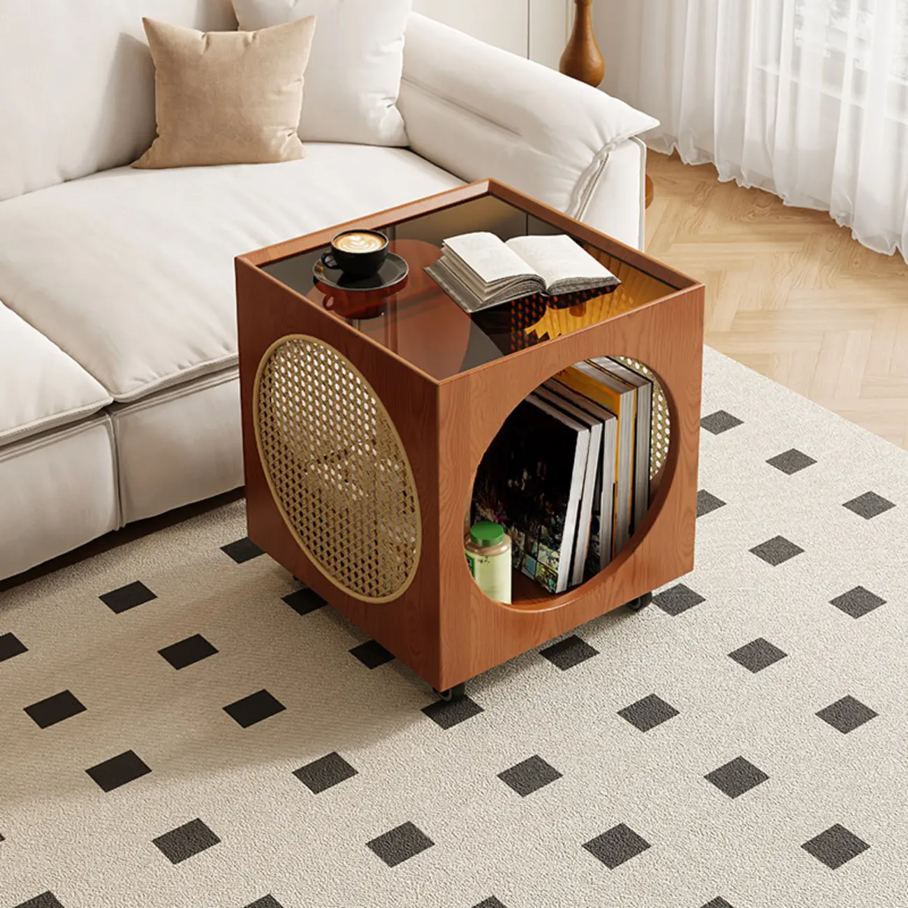 Mid-Century Modern Rolling Glasstop Square Wood Side Table