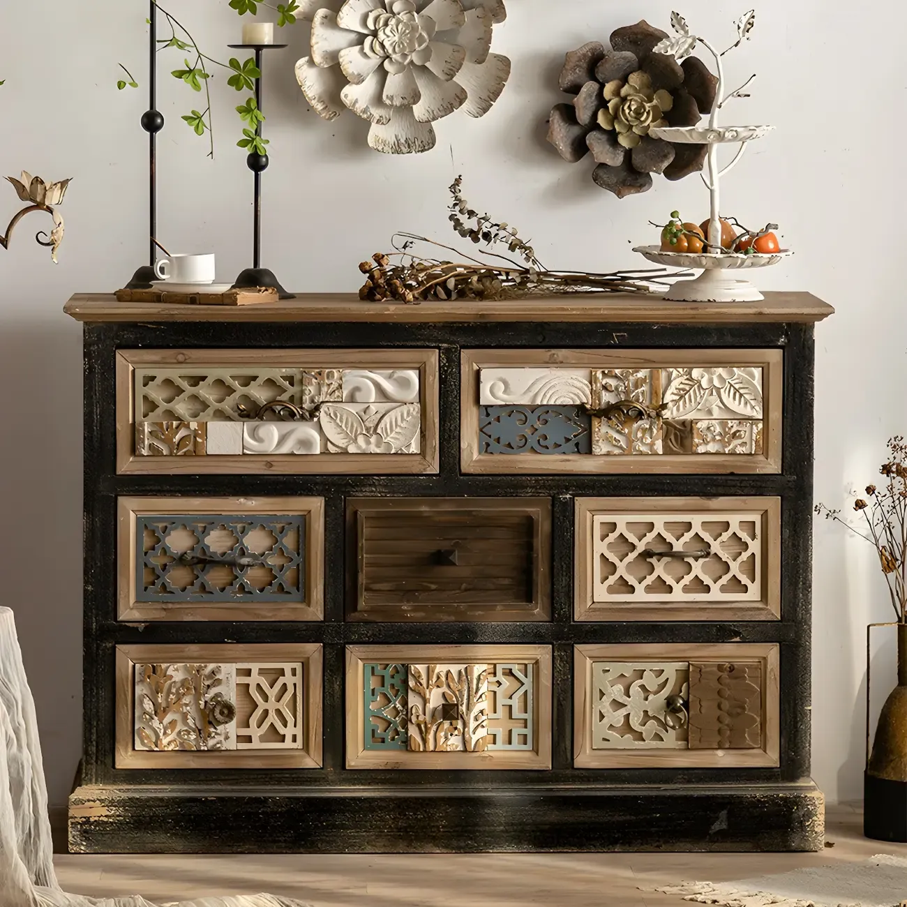 Rustic Wooden Sideboard with Decorative Drawers