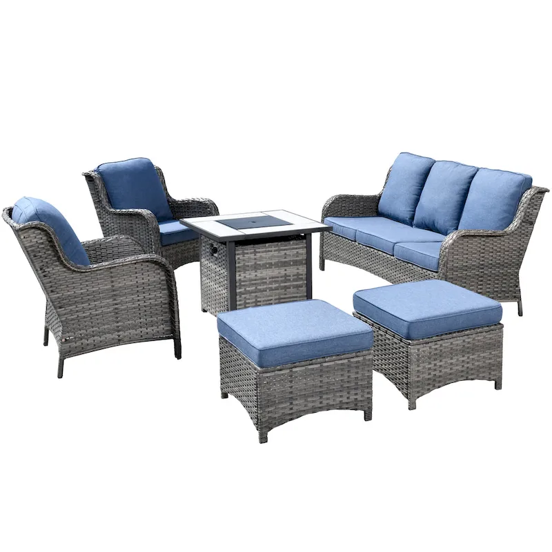 OVIOS Grey Wicker 6-piece Patio Furniture Set With 30  Fire Pit
