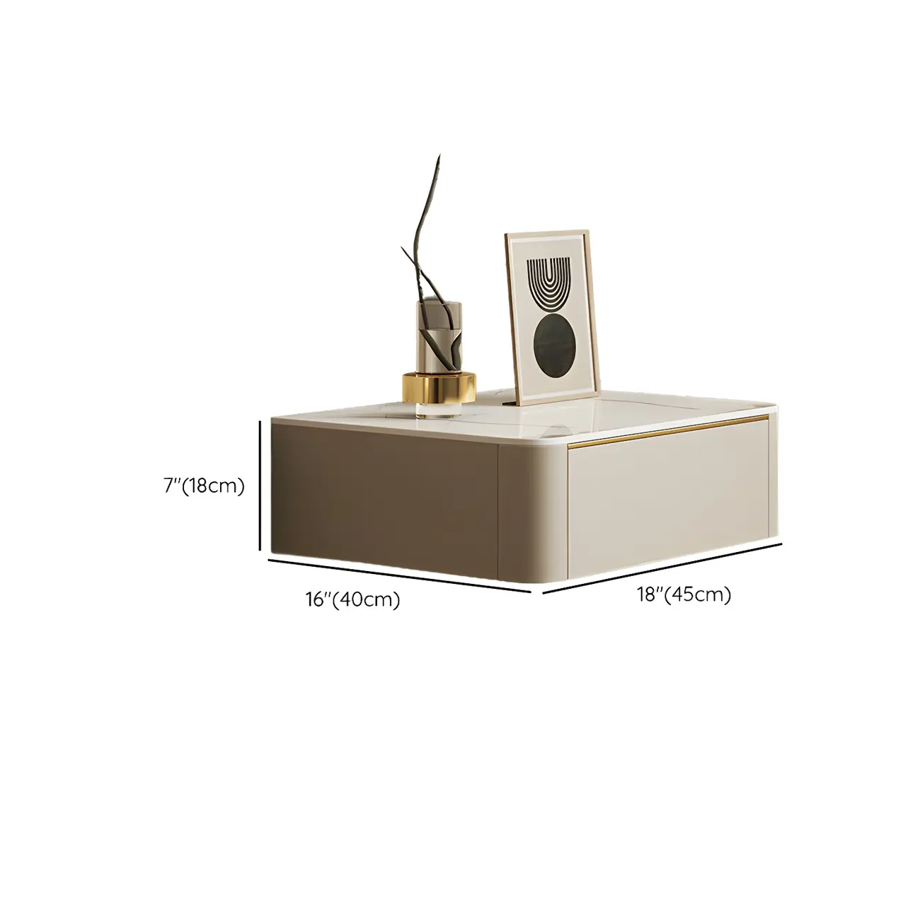 Low Beige Leather Stone Top Floating Nightstand with Drawer