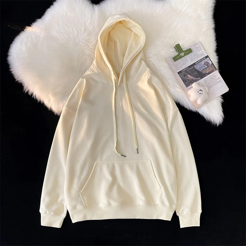 hulianfu Woman's Sweatshirts Solid Drop Shoulder Korean Female Hooded Pullovers  Thicken Warm Oversized Hoodies Women - Deanwangkt