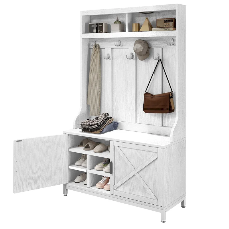 Moasis Entryway Coat Rack Shoe Bench Set, Farmhouse 7 Hooks Hall Tree Coat Shoe Rack