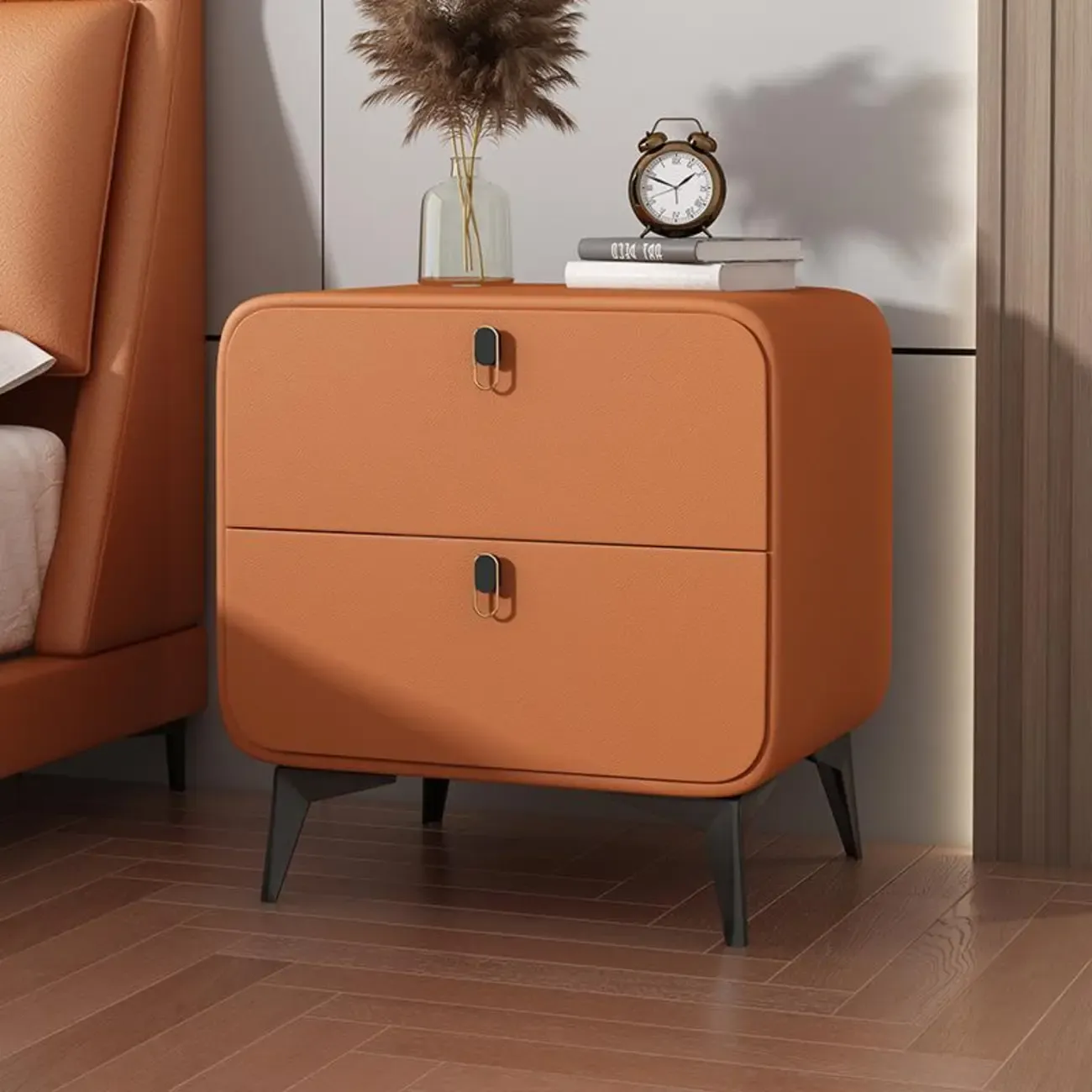 Scandinavian Leather 2 Drawers Wood Nightstand