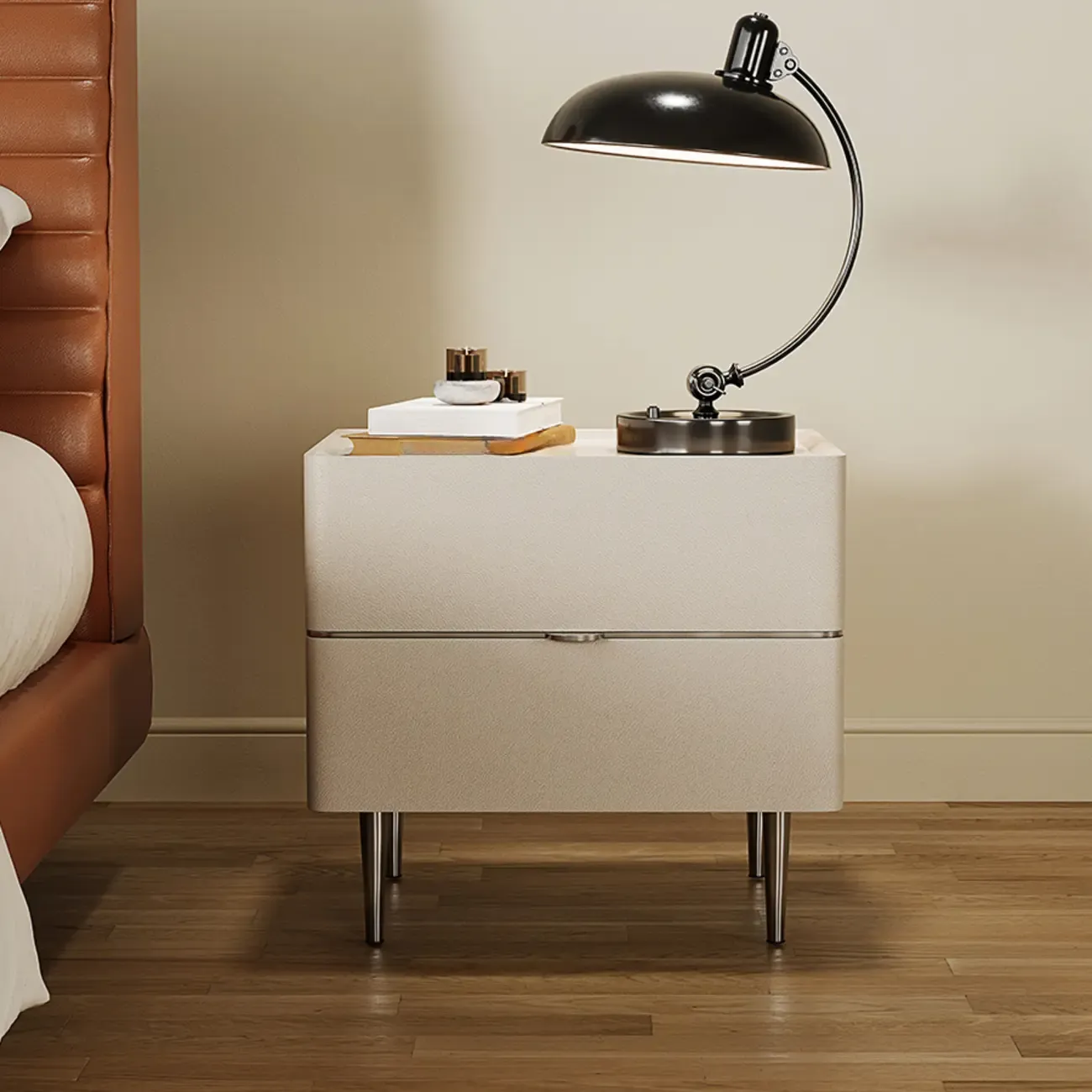 White Stone Top 2-Drawer Wood Square Nightstand