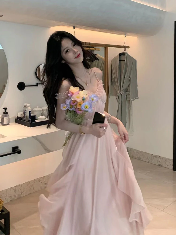 Hulianfu Harajuku French Korean Sweet V-Neck Camisole Sleeveless Sexy Strap Midi Maxi Dresses for Women Elegant Fairy Party Summer Pink - Deanwangkt