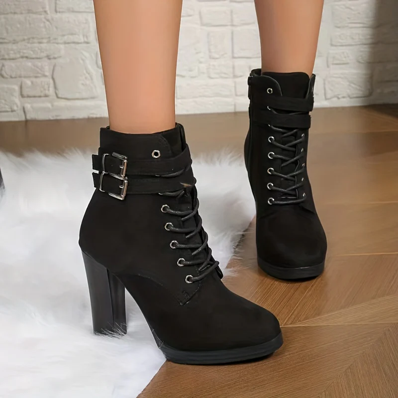 Stylish Women's Block Heel Pumps - Trendy Lace-Up, Side Zipper, Buckle Strap Details, Comfortable Walking Shoes for Formal Occasions - Deanwangkt