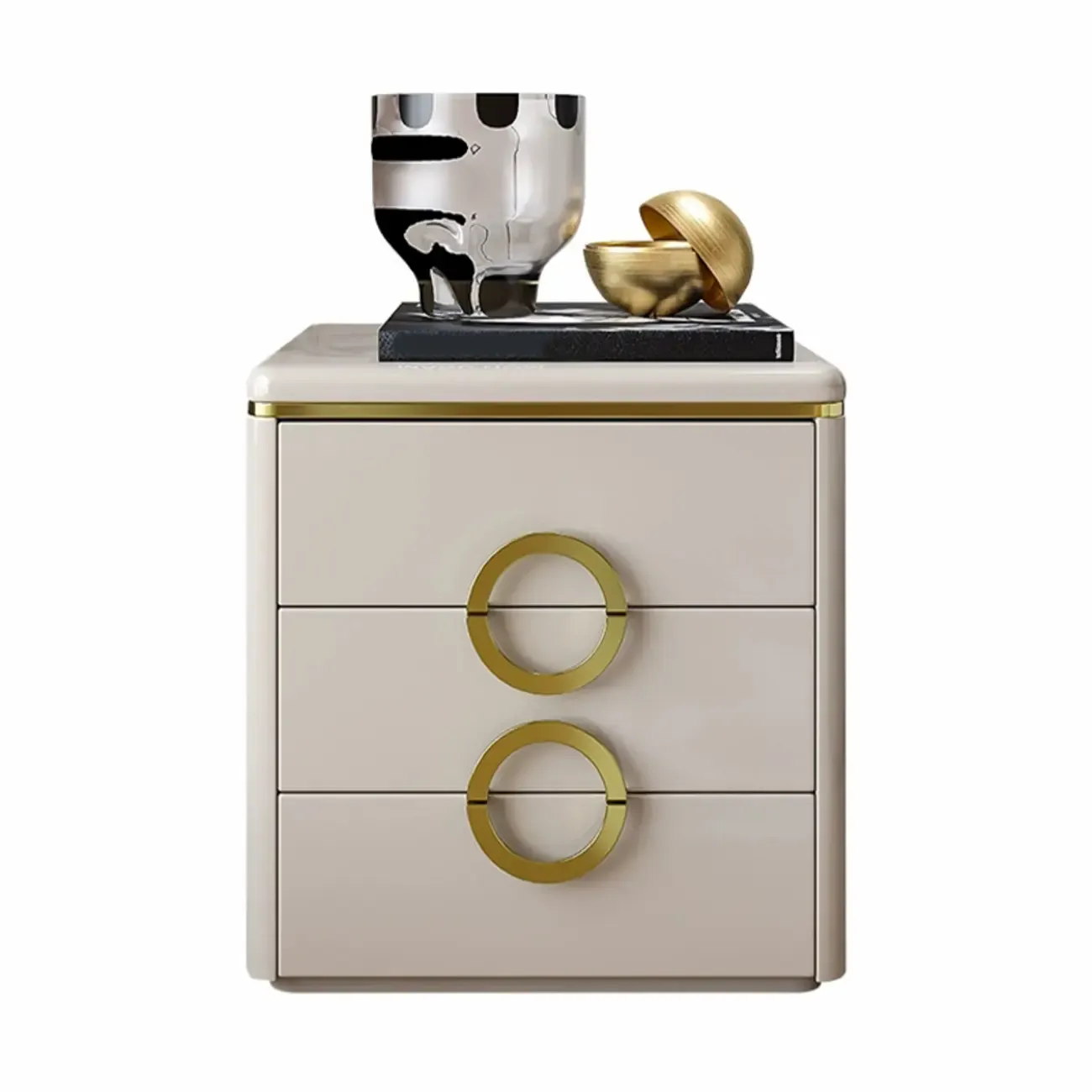 Elegant Faux Leather Metal Accent 3 Drawers Nightstand