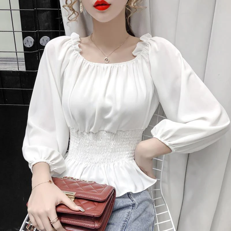 Hulianfu Youth Elegant Blouse Women Chiffon Fashion Blouse Off Shoulder White Shirt Ruffle Puff Sleeve Top Office wear - Deanwangkt