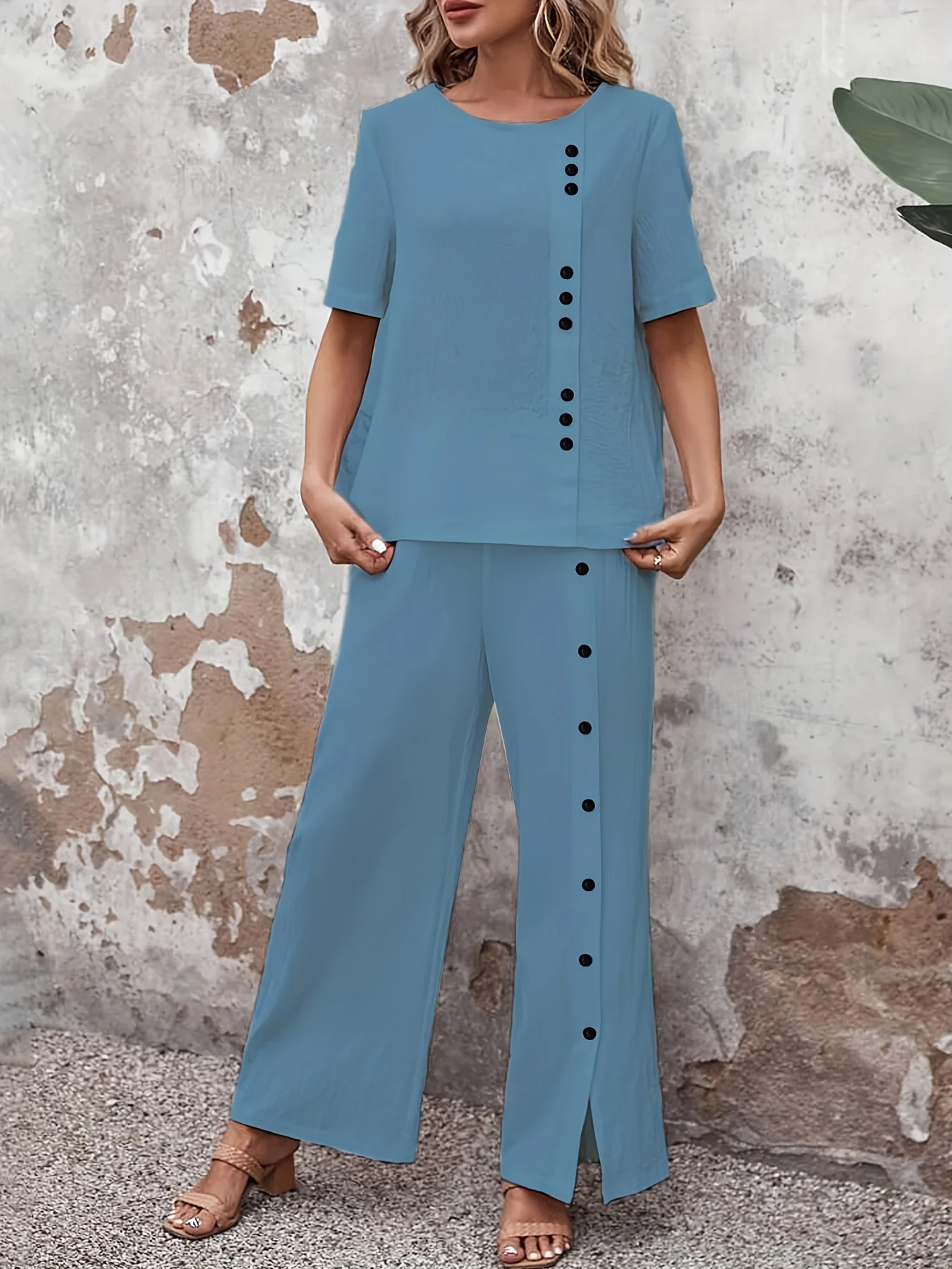 Two-Piece Elegant Crew Neck Short Sleeve Top and Split Wide Leg Pants Set - Soft Micro Elastic Polyester Fabric, Solid Color, and Classic Style for Spring/Summer - Womens Clothing Outfit - Deanwangkt