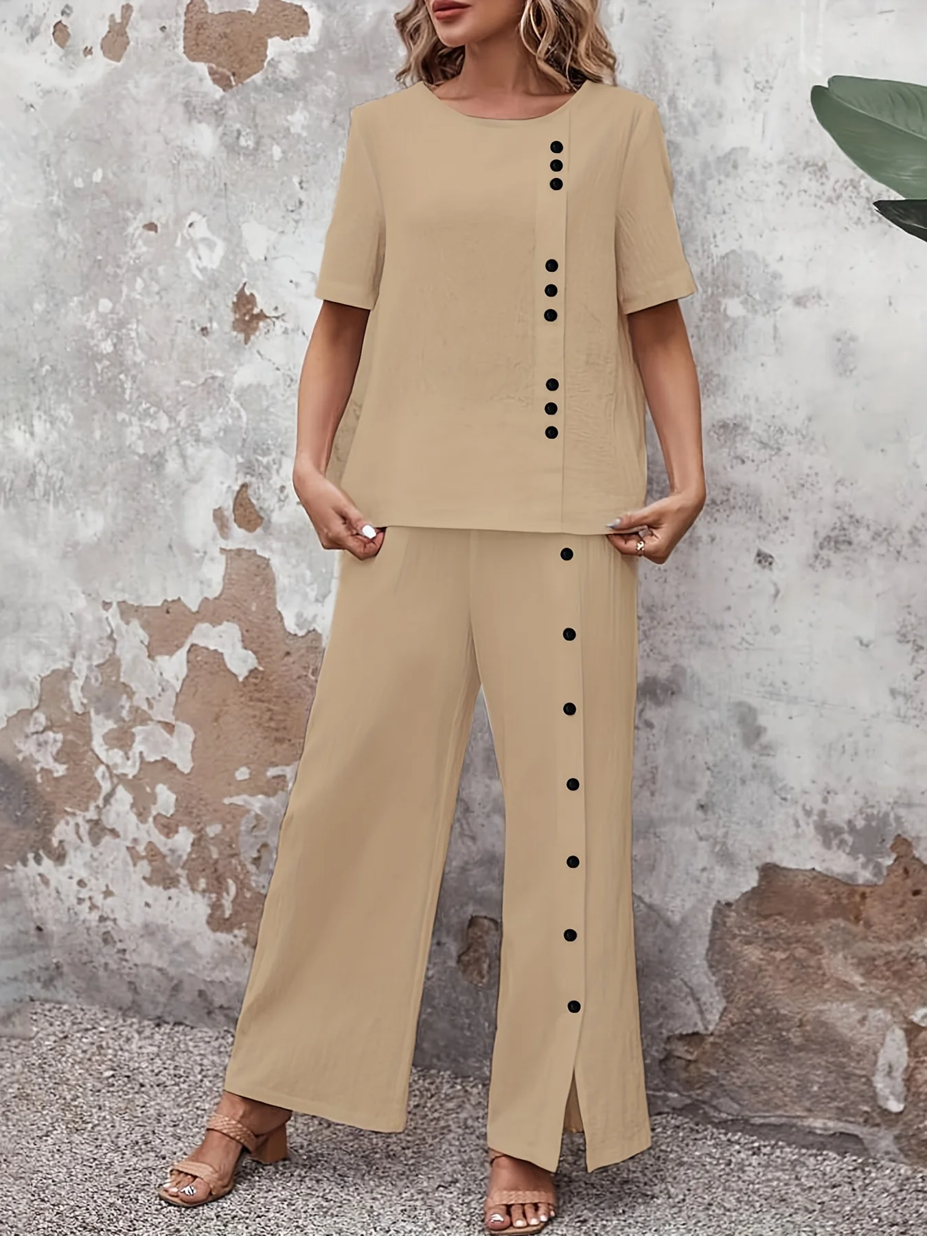 Two-Piece Elegant Crew Neck Short Sleeve Top and Split Wide Leg Pants Set - Soft Micro Elastic Polyester Fabric, Solid Color, and Classic Style for Spring/Summer - Womens Clothing Outfit - Deanwangkt
