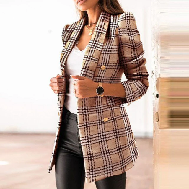 Demaifashion Slim Blazer Women Vintage Print Long Sleeve Button Veste Femme Casual Business Jacket Coat Office Ladies Suits Tops - Deanwangkt