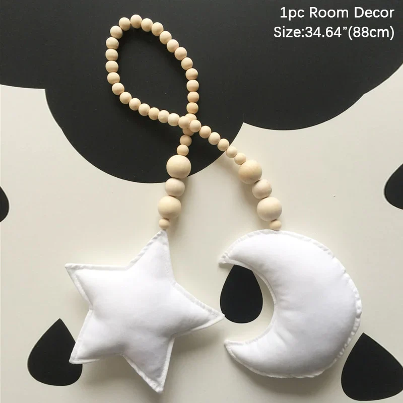 HULIANFU Nordic Boho Room Decor Double Star Moon Wooden Beads Cotton Hanging Wall Decoration Kawaii Kids Baby Bedroom Living Room Decor - Deanwangkt