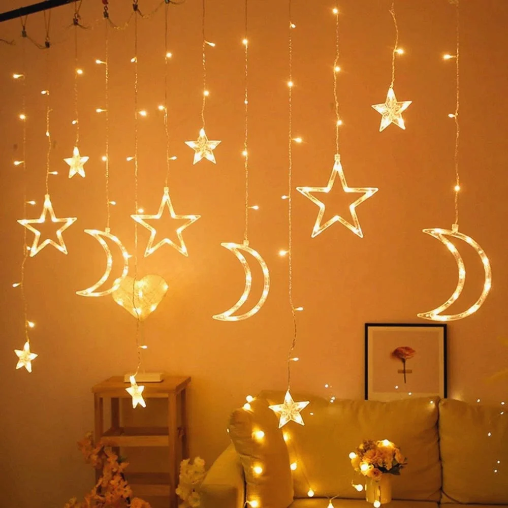 HULIANFU Star Moon Led Curtain Garland String Light Eid Mubarak Ramadan Decoration Islam Muslim Party Decor Eid Al Adha Gift Eid Mubarak - Deanwangkt